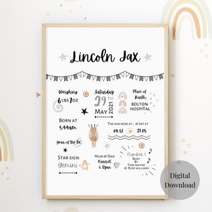 Personalised Baby Birth Details Poster | Baby Keepsake | New Baby Gift - Digital Print Only