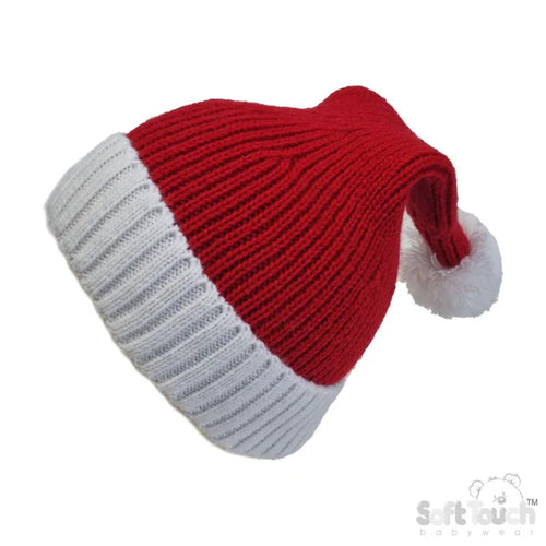 Baby Christmas Santa Hat with a Fluffy Pom Pom | Knitted Red & White Hat | 0-6 Months